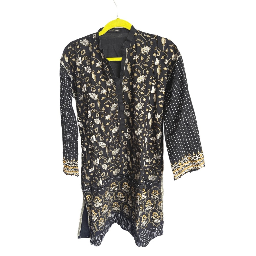 J Pret‎ Black Floral Print Long Sleeve Tunic Top Large 10 Cotton